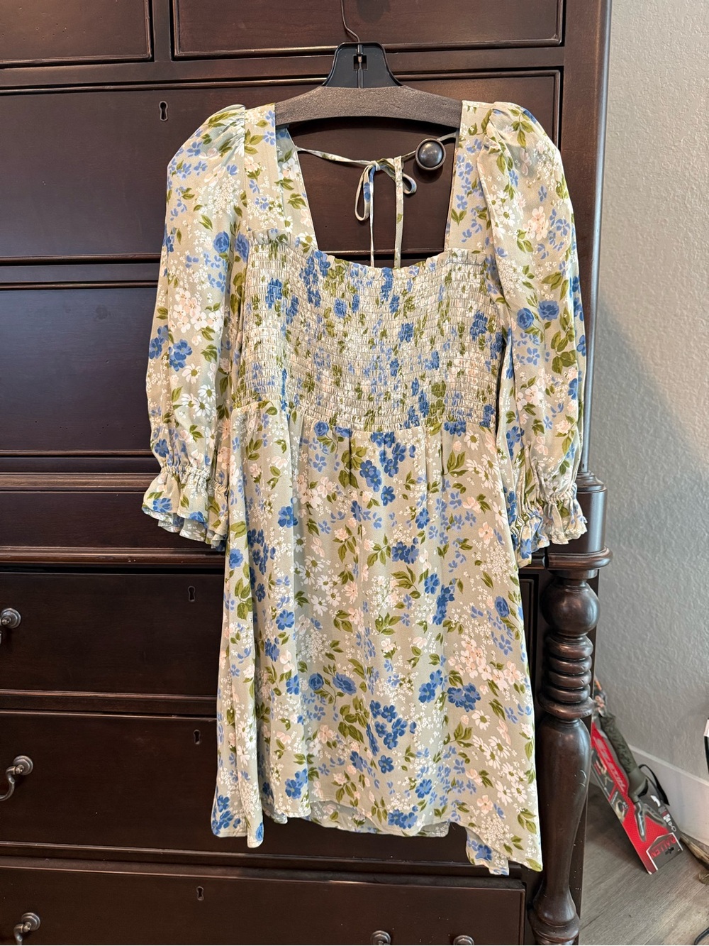 Reformation Sage Green Mini Dress with Blue Floral Print